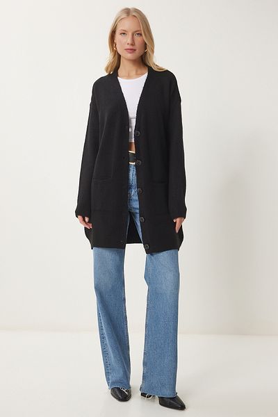 Happiness İstanbul Schwarze Strickjacke mit V-Ausschnitt für Damen – Hİ00005