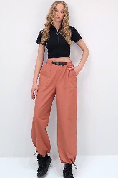 Trend Alaçatı Stili Women's Tile Colored Jogger Pants - Double Pockets, Elastic Legs, Belt Detail, Alc-X13627