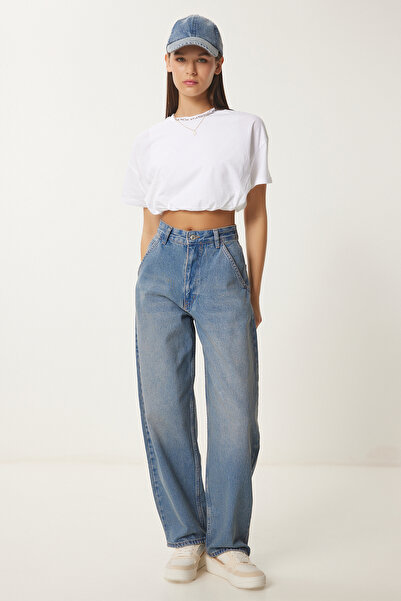 Happiness İstanbul Kadın Mavi Yıkamalı Baggy Jean OK00064