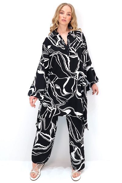 Trend Alaçatı Stili Black-White Women's Tunic and Palazzo Pants Set - Shirt Collar, Button, Long Tunic Alc-X13642