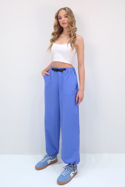 Trend Alaçatı Stili Pantaloni de jogger de vară albaștri - buzunar dublu, picior elastic, detaliu curea ALC-X13627