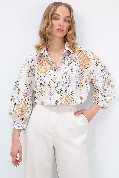 Trend Alaçatı Stili Beige-Orangefarbenes, gewebtes Leinenhemd mit Prinzessinnen-Ethno-Print für Damen ALC-X10396
