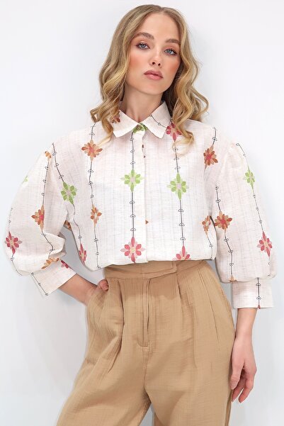 Trend Alaçatı Stili Női bézs-barna hercegnő virágmintás flaming vászon szőtt ing ALC-X10398