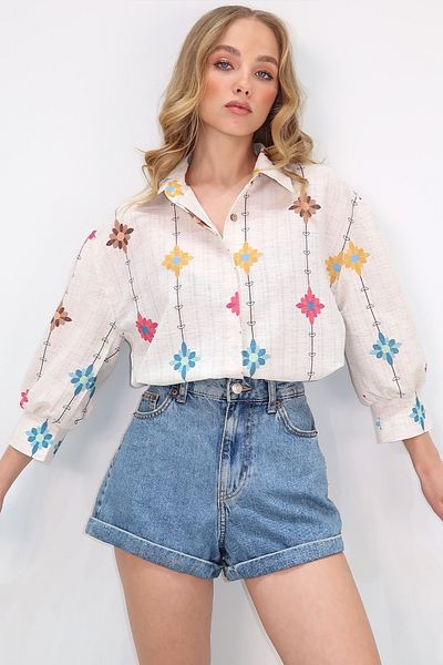 Trend Alaçatı Stili Beige-blaues Damen-Hemd mit Prinzessinnen-Blumenmuster, ausgestelltes Leinen-Webhemd ALC-X10398