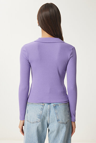 Happiness İstanbul Lila-weiße 2-teilige Strickbluse mit Rollkragen für Damen GT00232