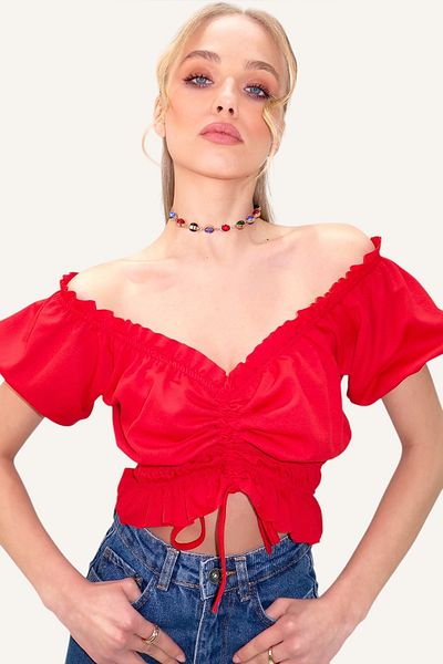 Trend Alaçatı Stili Roter Madonna-Kragen – bauchfreie Bluse mit elastischem Bund und Ärmeln ALC-X8562