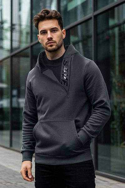 Trendyol Collection Anthrazitfarbenes, übergroßes Fleece-Kapuzenpullover mit Reißverschluss – Textdruck TMNAW25SW00074
