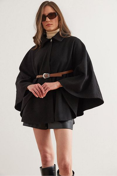 Olalook Schwarzer Damen-Poncho-Cardigan aus Kaschmir mit Gürtel HRK- 19000339