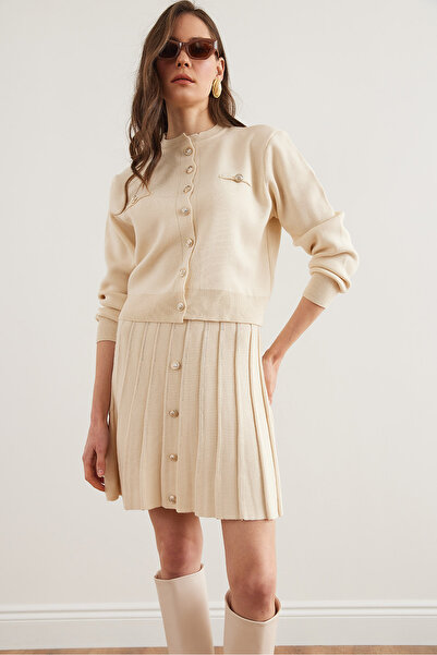 Olalook Women's Cream Button Detailed Top Cardigan Bottom Pleated Skirt Knitwear Set Tkm- 19000332