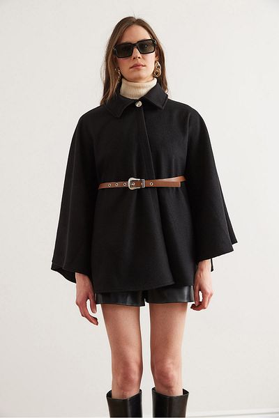 Olalook Schwarzer Damen-Poncho-Cardigan aus Kaschmir mit Gürtel HRK- 19000339