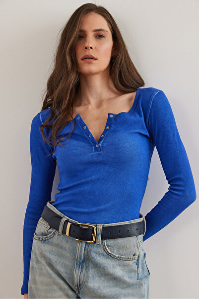 Olalook Dámská halenka Saks Blue Washed Cmisole - Placket Design Blz- 19000588