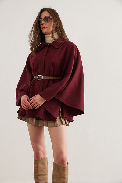 Olalook Burgunderfarbene Damen-Poncho-Strickjacke mit Gürtel HRK- 19000339