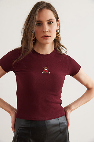 Olalook Damska bordowa, haftowana, prążkowana, rozciągliwa bluzka Blz- 19002824