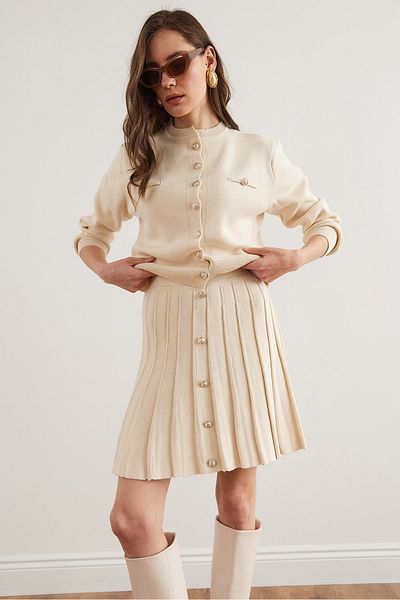 Olalook Women's Cream Button Detailed Top Cardigan Bottom Pleated Skirt Knitwear Set Tkm- 19000332