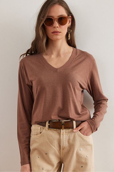 Olalook Women's Milk Coffee V-Neck Wool Viscose Flowy Blouse Blz- 19002729