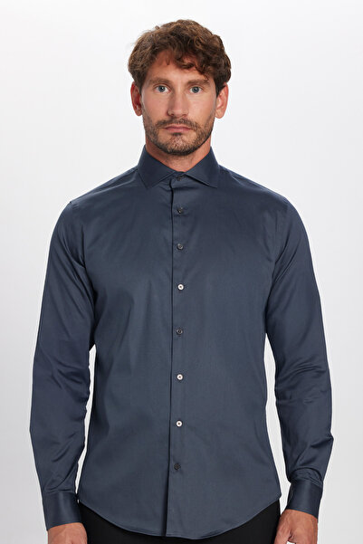 Tudors Slim Fit Uzun Kollu Koton Saten Premium Seri Erkek Antrasit Gömlek