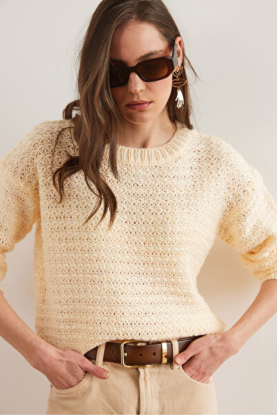 Olalook Cream Colored Openwork Women's Knitwear Sweater - Kzk- 19000962