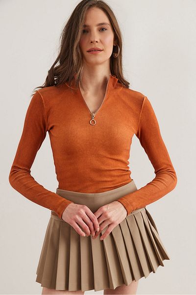 Olalook Women's Washed Tan Zippered Turtleneck Lycra Blouse Blz- 19001155