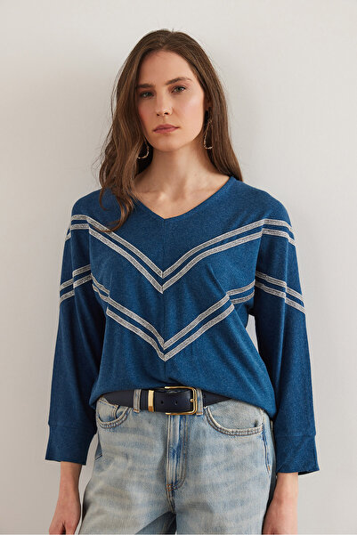 Olalook Bluză de damă, albastru petrol, cu dungi din lână, viscoză, BLZ- 19002826