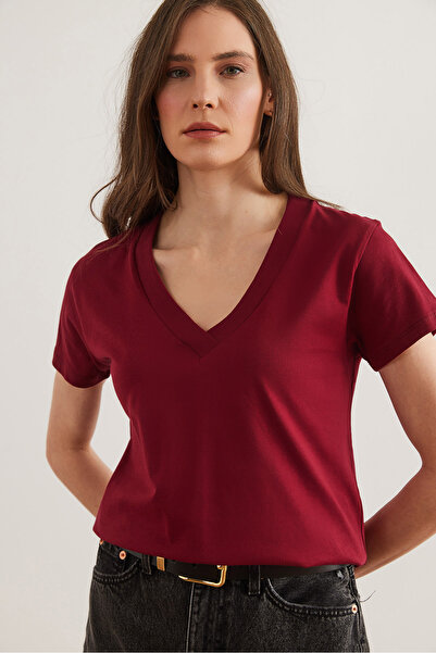 Olalook Kadın Bordo V Yaka Flamlı Tişört TSH-19000396