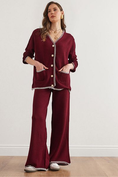 Olalook Women's Burgundy Piping Detailed Top Cardigan Bottom Trousers Knitwear Set Tkm- 19000305