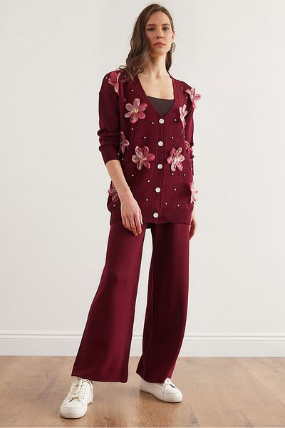Olalook Women's Burgundy Floral Stone Garnished Bottom Top Knitwear Suit Tkm- 19000345