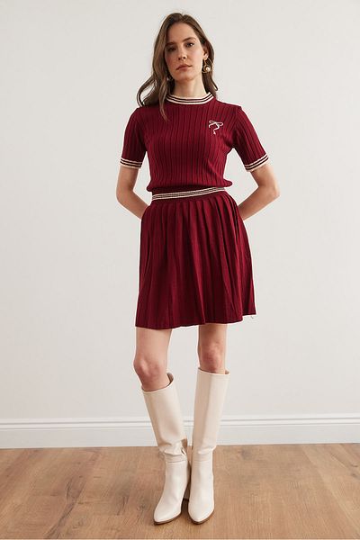 Olalook Women's Burgundy Short Sleeve Color Detailed Skirted Knitwear Set Tkm- 19000346