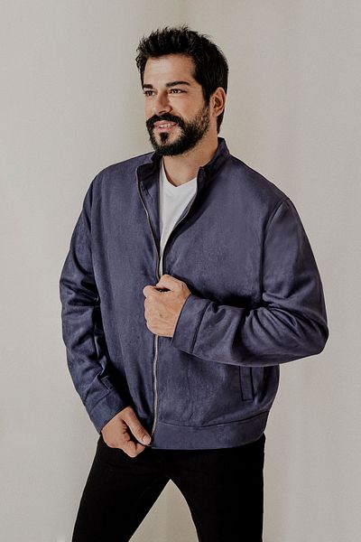 AC&Co / Altınyıldız Classics Wildlederjacke für Herren - Marineblau, Standard-Passform, Stehkragen