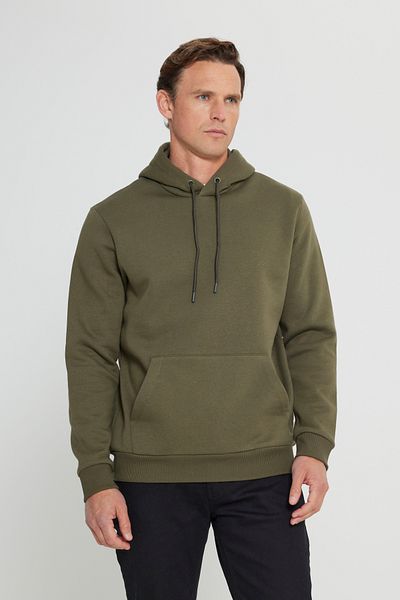 AC&Co / Altınyıldız Classics Pánská bavlněná mikina s kapucí a klokaní kapsou khaki Standard Fit normálního střihu