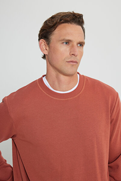 AC&Co / Altınyıldız Classics Erkek Açık Kahve Standart Fit Normal Kesim Bisiklet Yaka 3 Iplik Pamuklu Sweatshirt