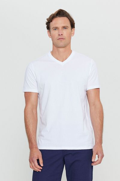 AC&Co / Altınyıldız Classics Ανδρικό 100% βαμβακερό μπλουζάκι με λαιμόκοψη σε λευκό λεπτή εφαρμογή