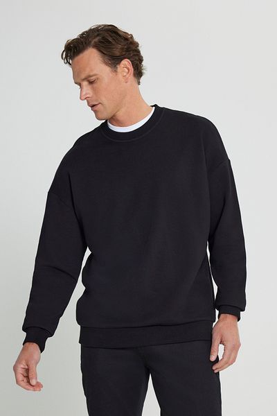 AC&Co / Altınyıldız Classics Pánska čierna oversize bavlnená mikina – 3 vlákna, výstrih
