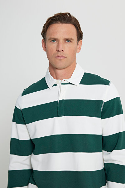 AC&Co / Altınyıldız Classics Erkek Ekru K.yesıl Standart Fit Normal Kesim Içi Polarlı 3 Iplik Polo Yaka Pamuklu Sweatshirt