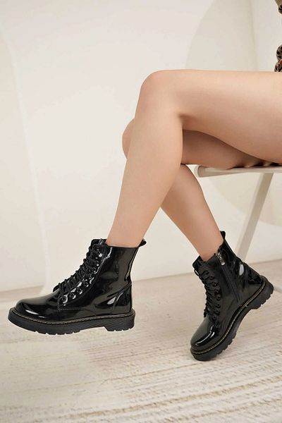 BAHRİNA Patent Leather Martines Black Rubber Sole Boots