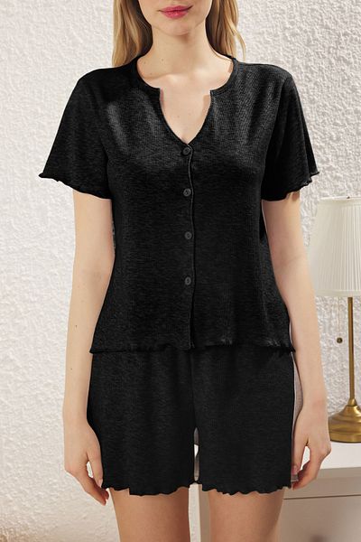 Trendyol Collection Schwarzer Knopf, gerippte Shorts, gestrickter Pyjama-Anzug THMSS25PT00006