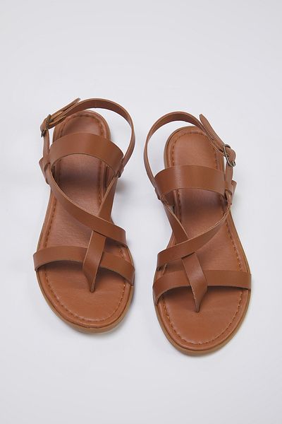 TRENDYOL SHOES Sandale flip flop cu toc plat cu bretele bronzate pentru femei TAKSS25SD00019