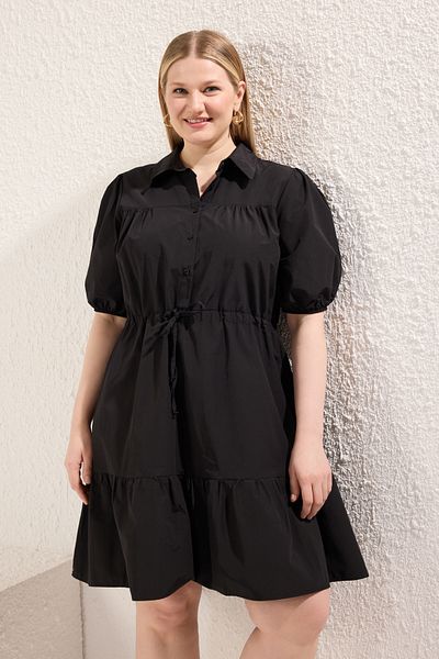 Trendyol Curve Black Tie Waist Woven Shirt Dress Tbbss23Ah00106