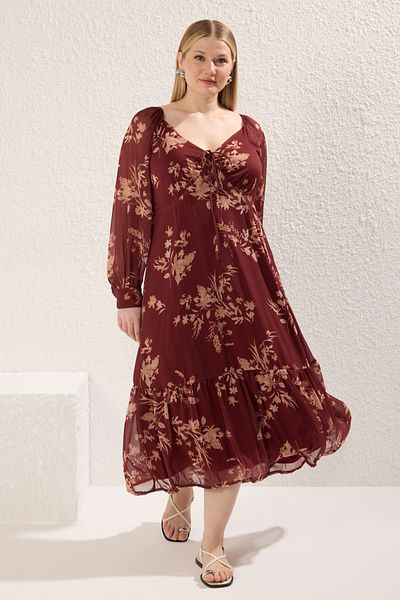 Trendyol Curve Burgundy Chiffon Floral Long Sleeve Guipes Midi Woven Plus Size Dress Tbbss25Ah00026