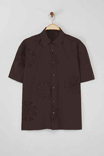 Trendyol Collection Limited Edition Brown Boxy Fit Embroidery Embroidered Brode Shirt Tmnss25Go00039
