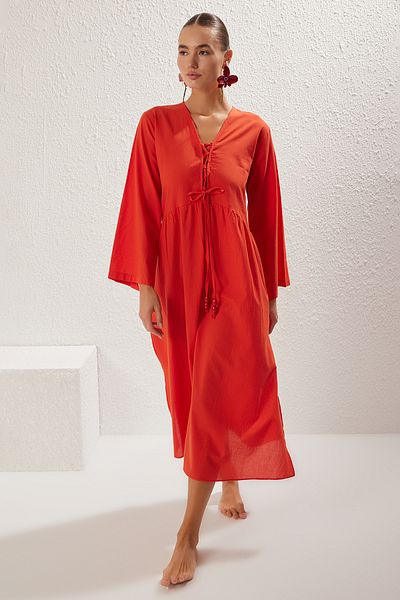 Trendyol Collection Piros Maxi Woven Flounces 100% pamut strandruha TBESS25EL00015