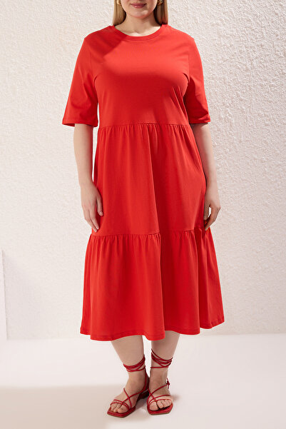 Trendyol Curve Red Crew Neck Flounce 100% Cotton Knitted Dress Tbbss23Ah00129