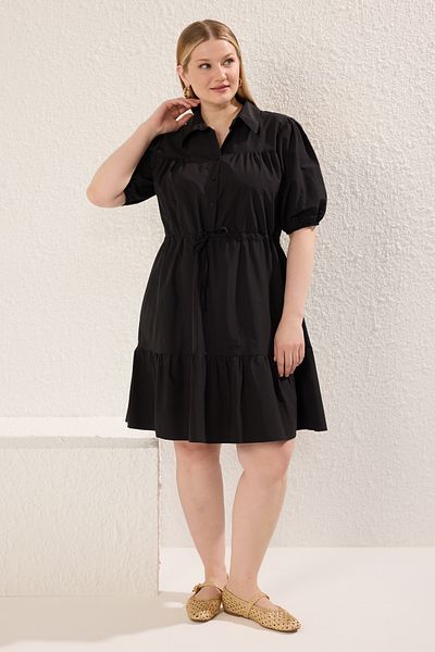 Trendyol Curve Black Tie Waist Woven Shirt Dress Tbbss23Ah00106