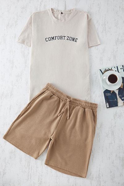 Trendyol Collection Beige Slogan Printed Regular Fit Shorts Pajamas Set - Tmnss25Pt00023