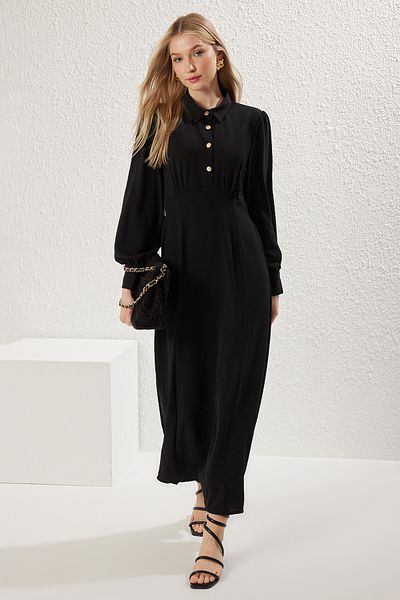 Trendyol Modest Černé tkané šaty v pase TCTSS25EB00057