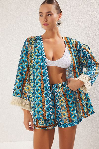 Trendyol Collection Etnikai mintás szőtt 100% pamut bojt kimonó rövidnadrág strandruha TBESS25AU00017