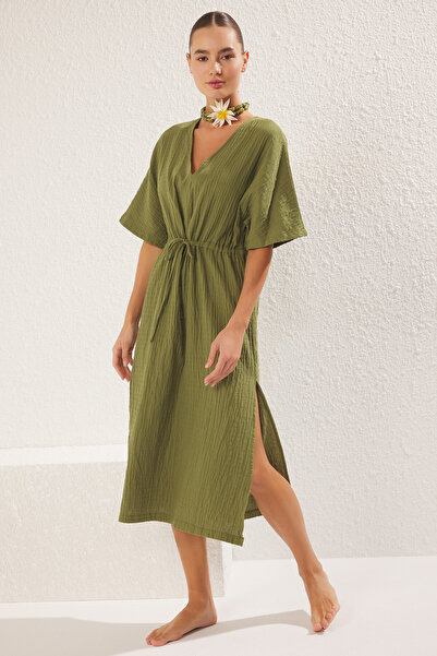 Trendyol Collection Khaki*001 egyenes, normál Midi szövésű 100% pamut ruha