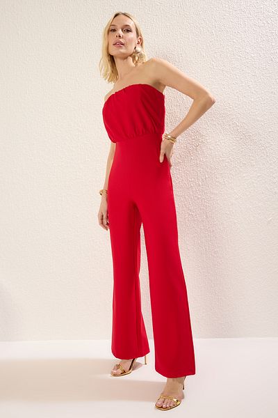 Trendyol Collection Red Strapless Woven Stylish Jumpsuit Tprss25Tu00012