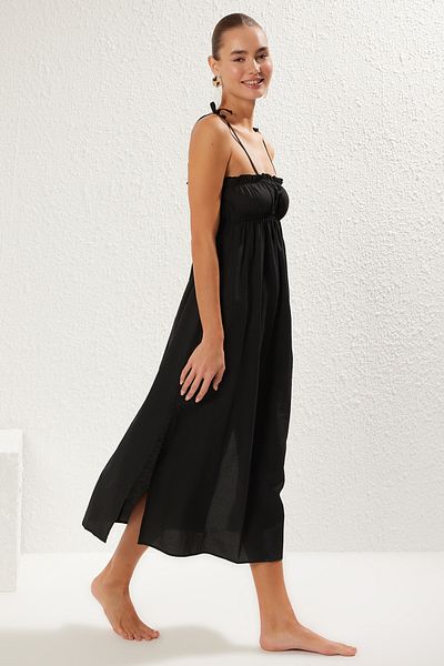 Trendyol Collection Μαύρο μίντι υφαντό φόρεμα παραλίας TBESS25EL00029