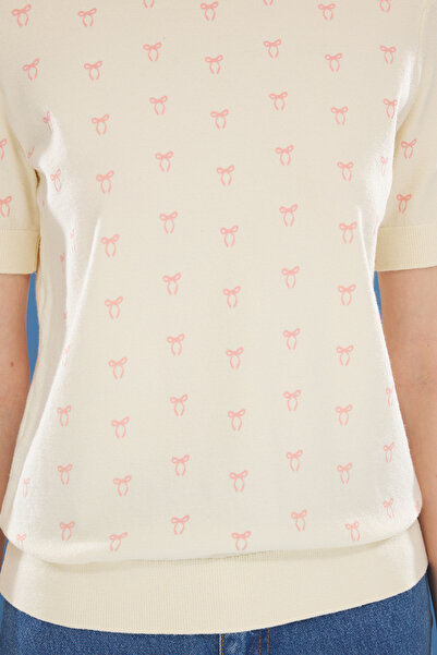 Trendyol Collection Ecru Ribbon Printed Premium Thread / Special Thread Knitwear Blouse Twoss25Bz00196