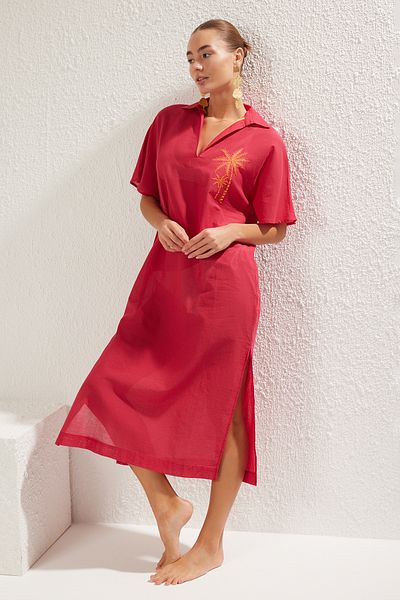 Trendyol Collection Φούξια Maxi Woven 100% βαμβακερό κέντημα φόρεμα παραλίας TBESS25EL00026